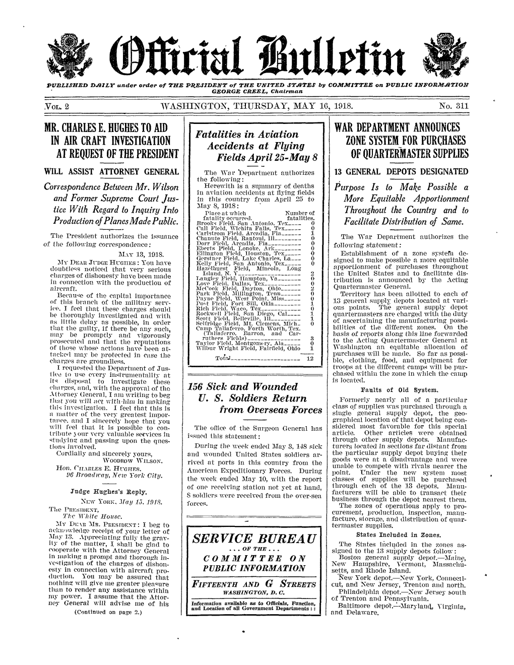 Mr. Charles E. Hughes to Aid in Air Craft Investigation At