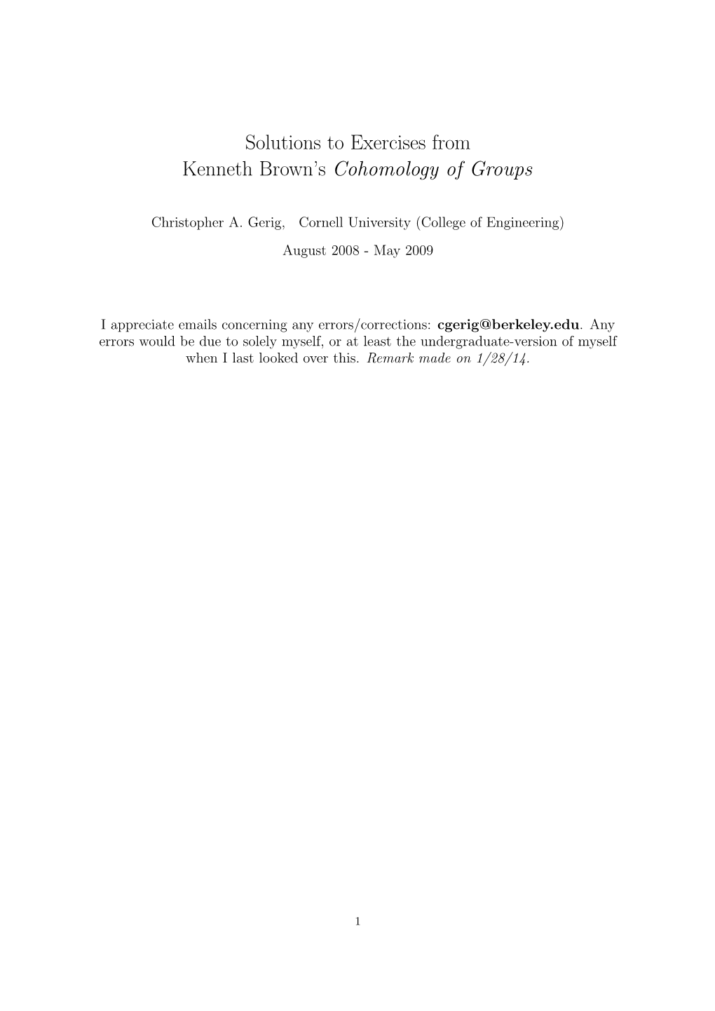 Solutions to Exercises from Kenneth Brown's Cohomology of Groups