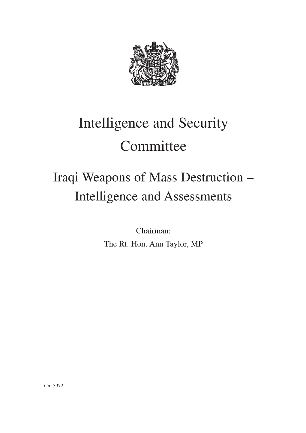 Iraqi Weapons of Mass Destruction – Intelligence and Assessments
