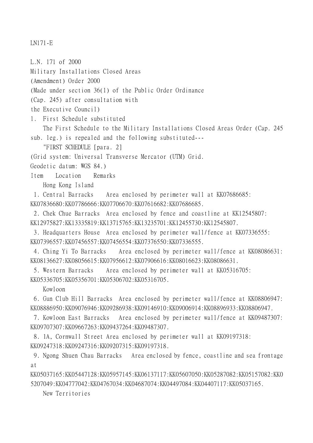 LN171-E L.N. 171 of 2000 Military Installations Closed Areas