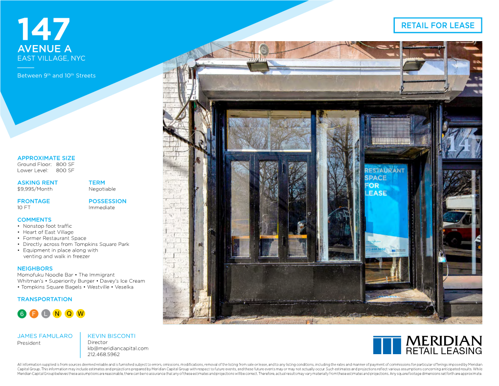 147 Retail for Lease Avenue a East Village, Nyc