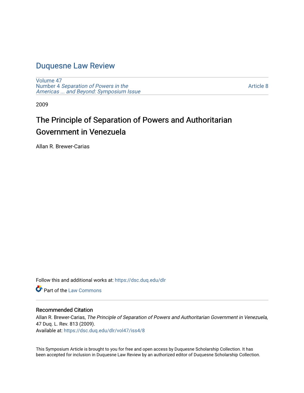 The Principle of Separation of Powers and Authoritarian Government in Venezuela