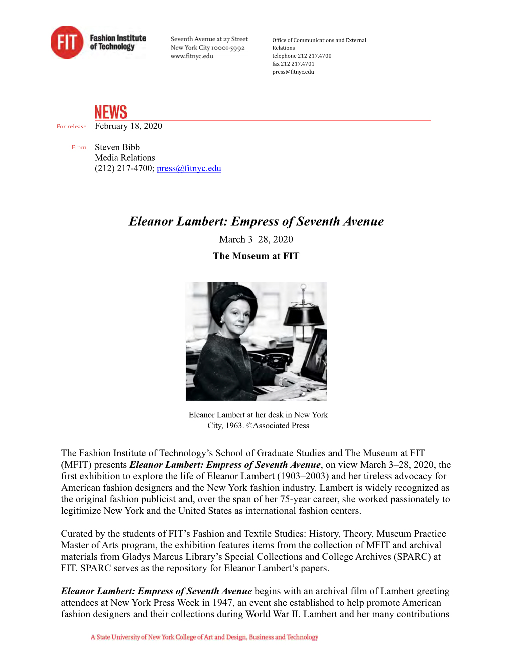 Eleanor Lambert: Empress of Seventh Avenue March 3–28, 2020 the Museum at FIT