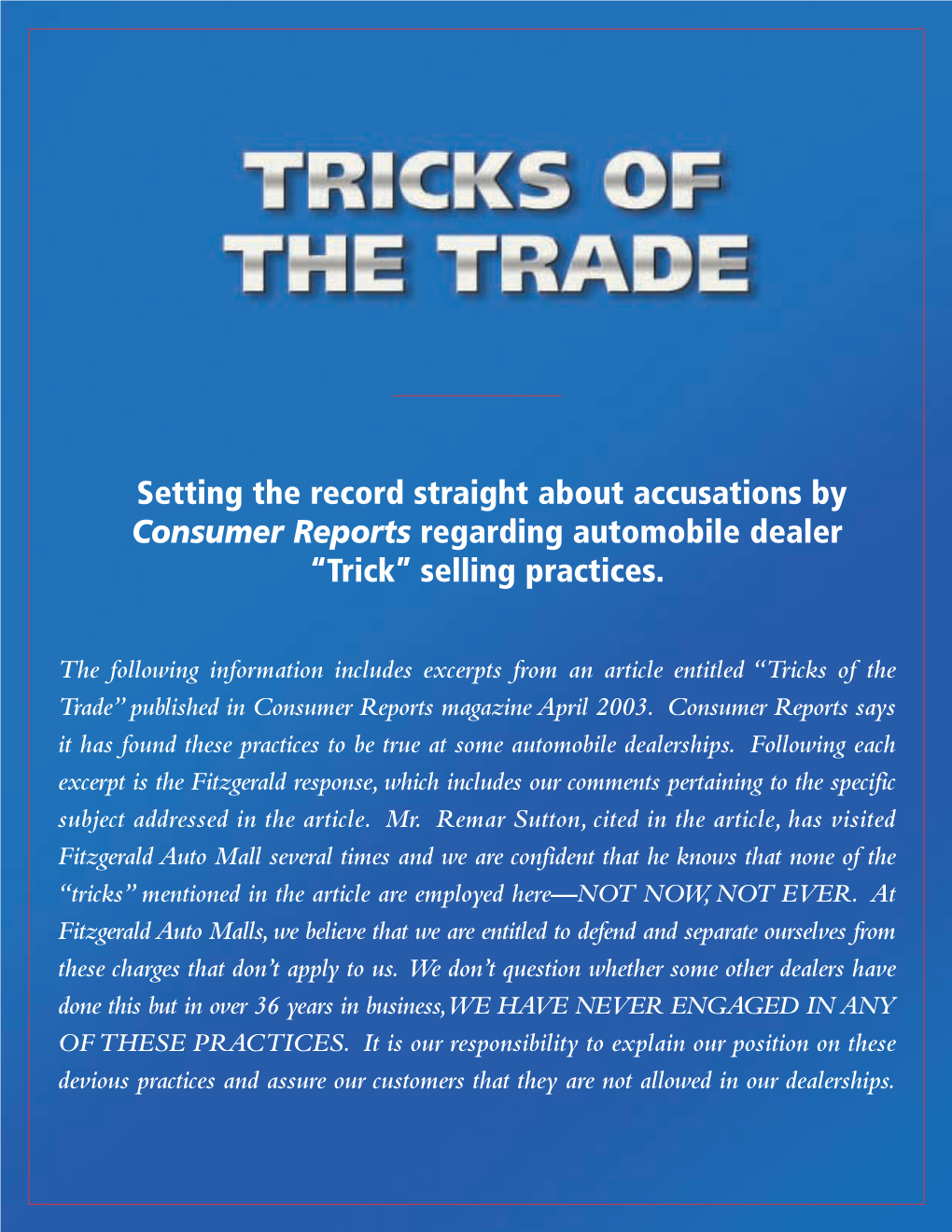 Setting the Record Straight About Accusations by Consumer Reports Regarding Automobile Dealer “Trick” Selling Practices