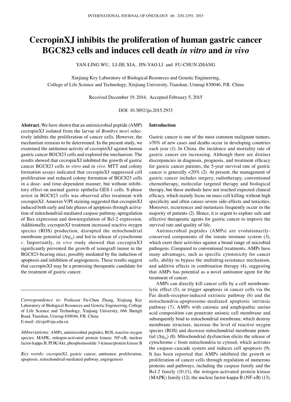 Cecropinxj Inhibits the Proliferation of Human Gastric Cancer BGC823 Cells and Induces Cell Death in Vitro and in Vivo