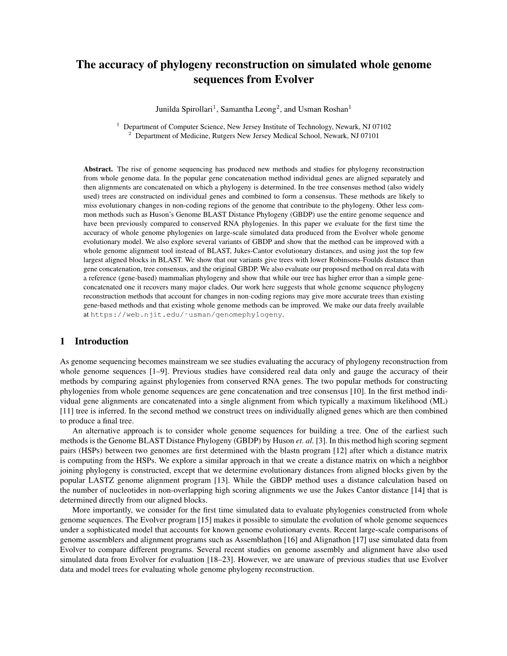 The Accuracy of Phylogeny Reconstruction on Simulated Whole Genome Sequences from Evolver