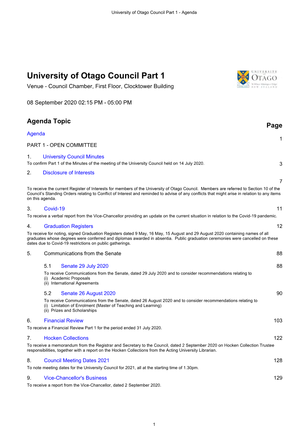 University of Otago Council Part 1 - Agenda