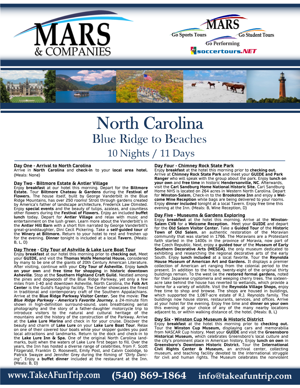 North Carolina Blue Ridge to Beaches 10 Nights / 11 Days