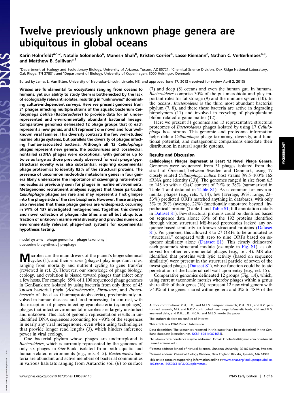 Twelve Previously Unknown Phage Genera Are Ubiquitous in Global Oceans