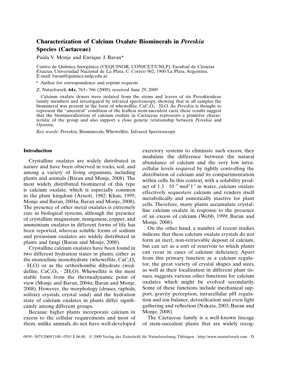 Characterization of Calcium Oxalate Biominerals in Pereskia Species (Cactaceae) Paula V