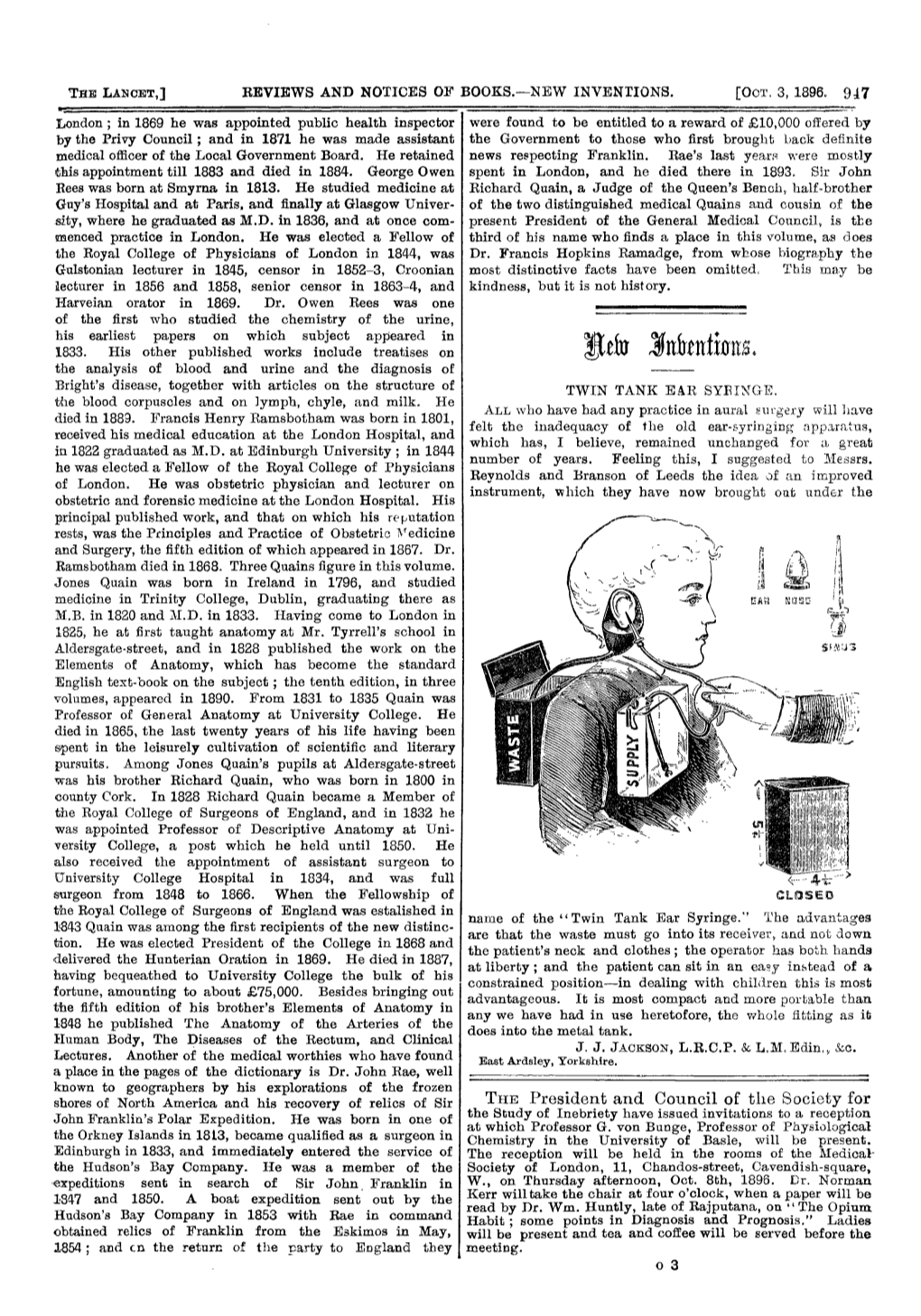 New Inventions. the Analysis of Blood and Urine and the Diagnosis of Bright’S Disease, Together with Articles on the Structure of TWIN TANK EAR SYRINGE