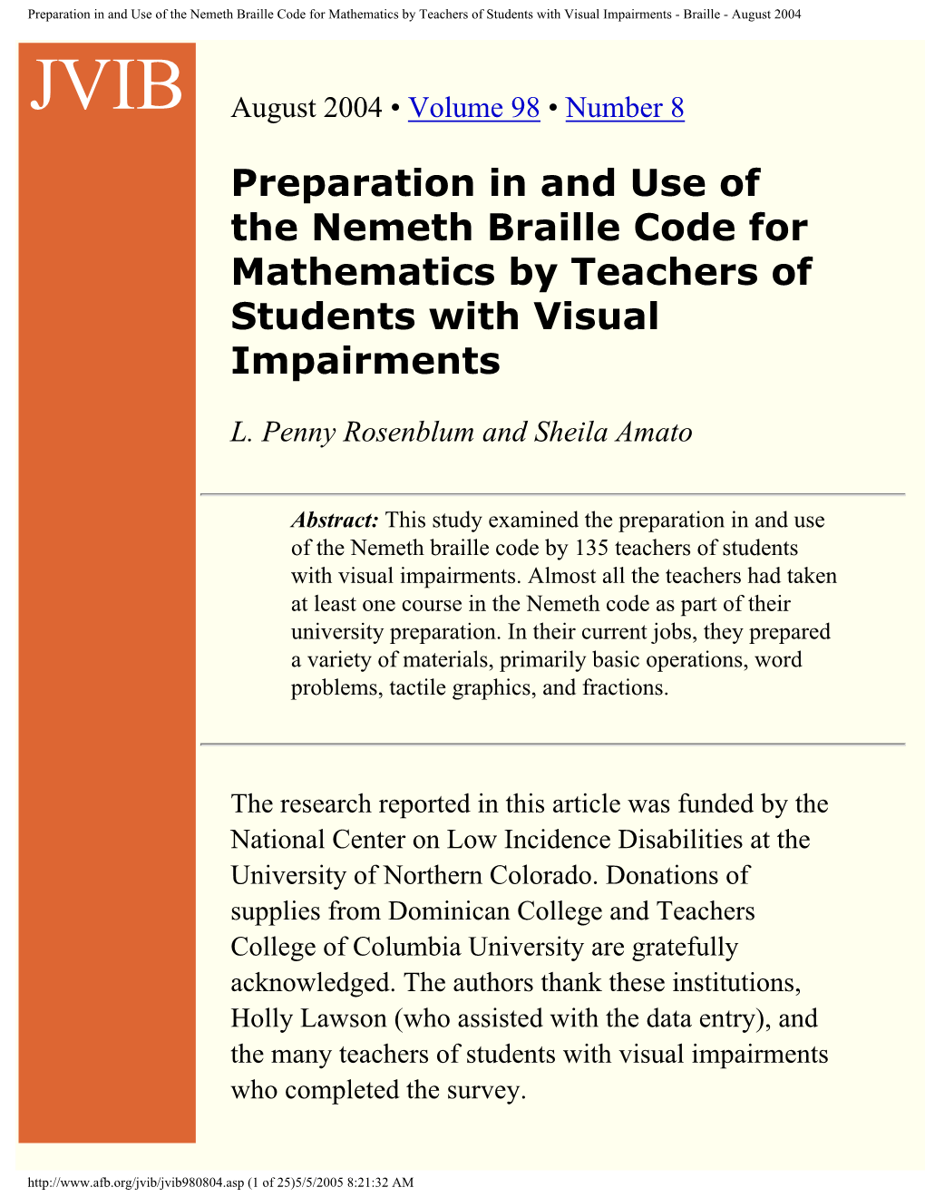 Preparation in and Use of the Nemeth Braille Code for Mathematics by Teachers of Students with Visual Impairments - Braille - August 2004