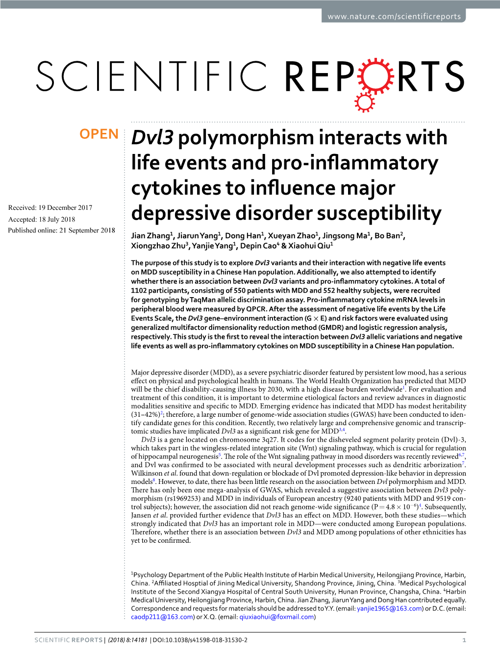 Dvl3 Polymorphism Interacts with Life Events and Pro-Inflammatory
