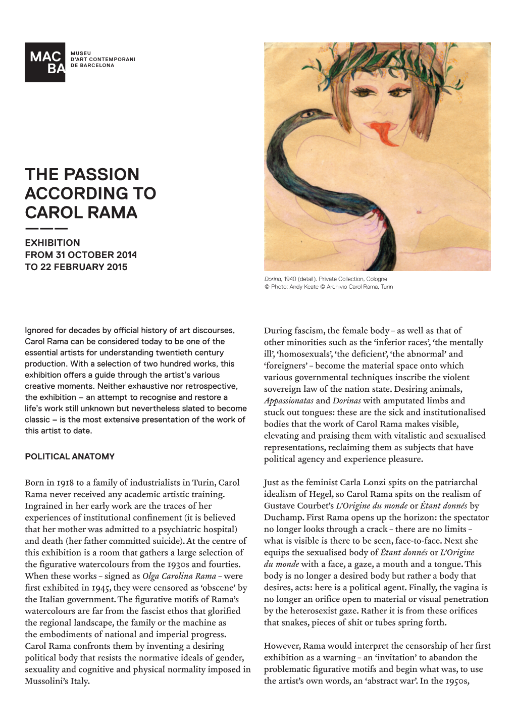 THE PASSION ACCORDING to CAROL RAMA ——— EXHIBITION from 31 OCTOBER 2014 to 22 FEBRUARY 2015 Dorina, 1940 (Detail)