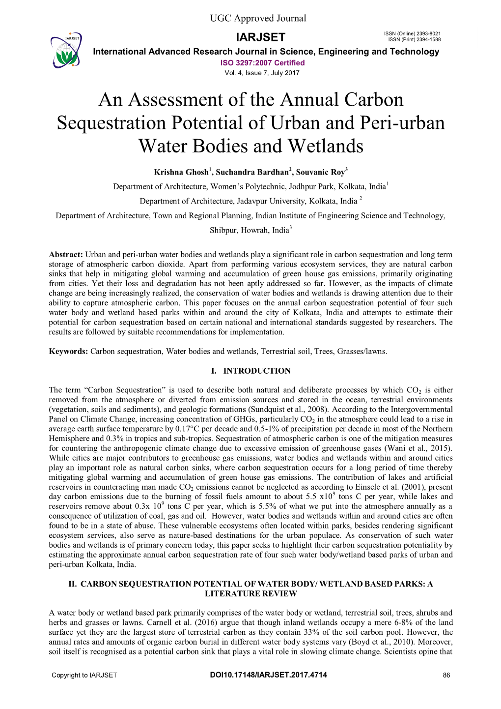An Assessment of the Annual Carbon Sequestration Potential of Urban and Peri-Urban Water Bodies and Wetlands