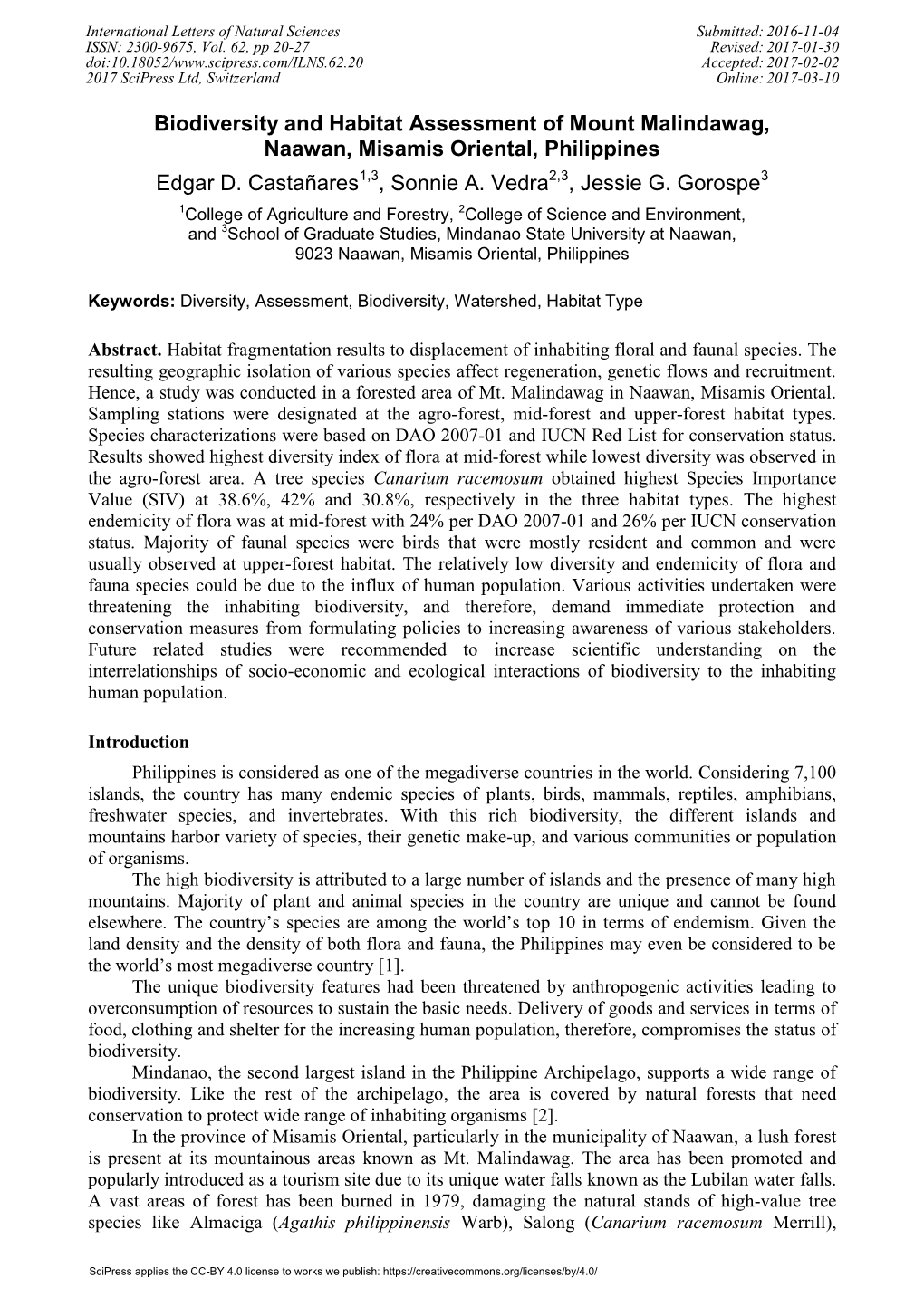 Biodiversity and Habitat Assessment of Mount Malindawag Naawan