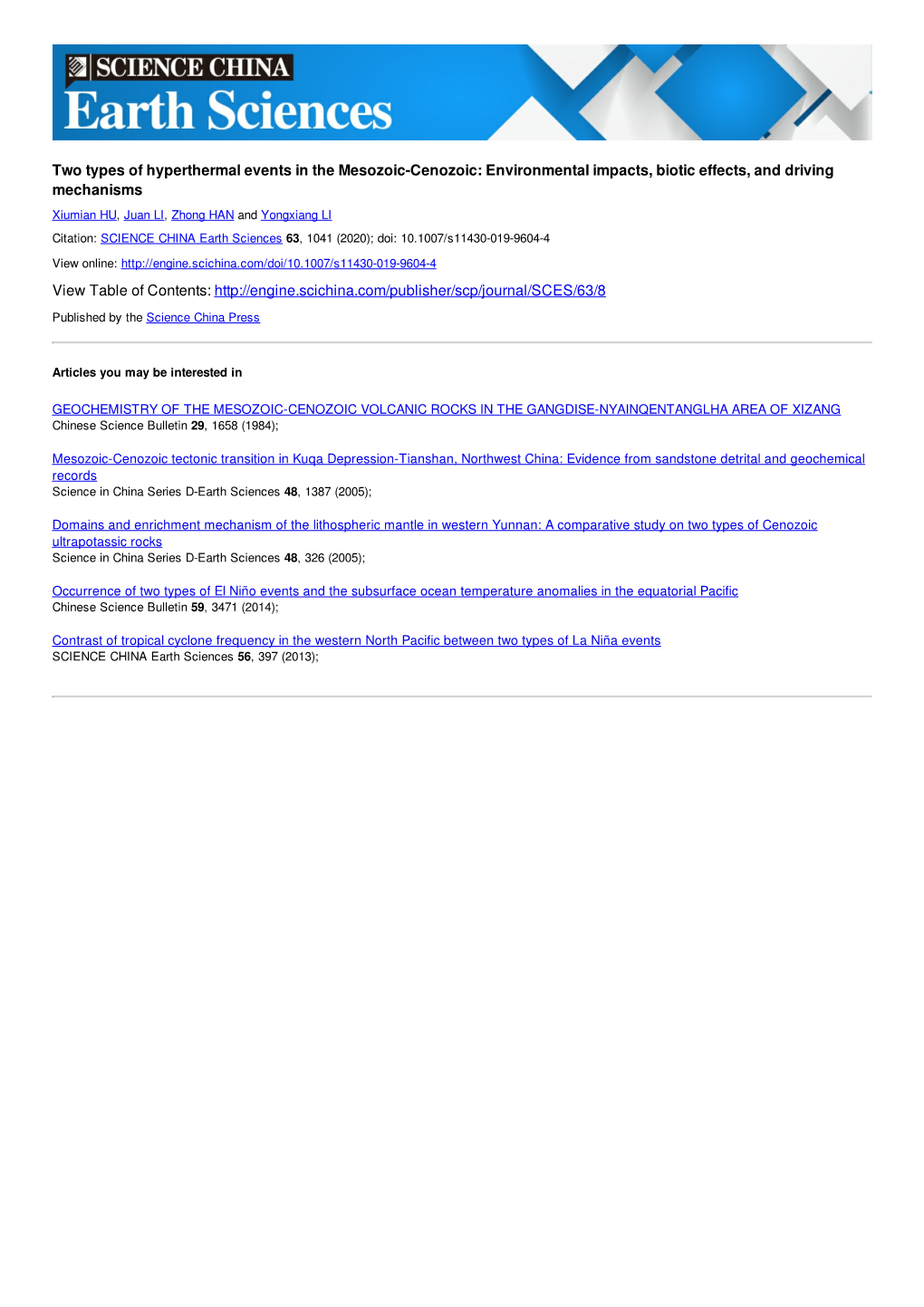 Two Types of Hyperthermal Events in the Mesozoic-Cenozoic