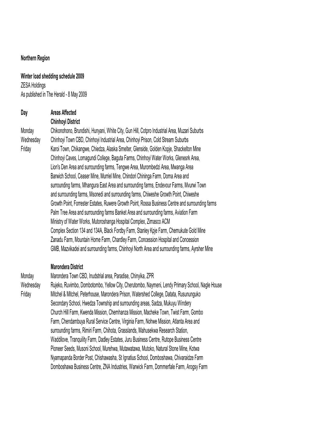 Northern Region Winter Load Shedding Schedule 2009 ZESA