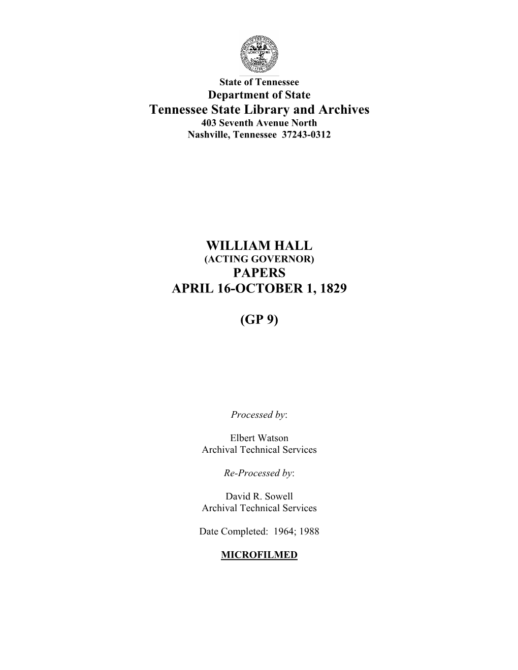 Tennessee State Library and Archives WILLIAM HALL PAPERS APRIL 16