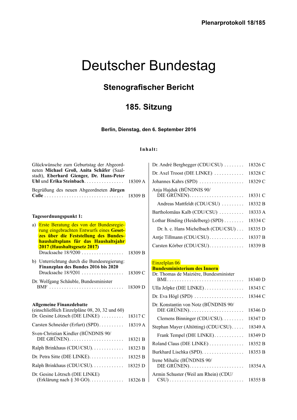 Plenarprotokoll 18/185 Auszüge