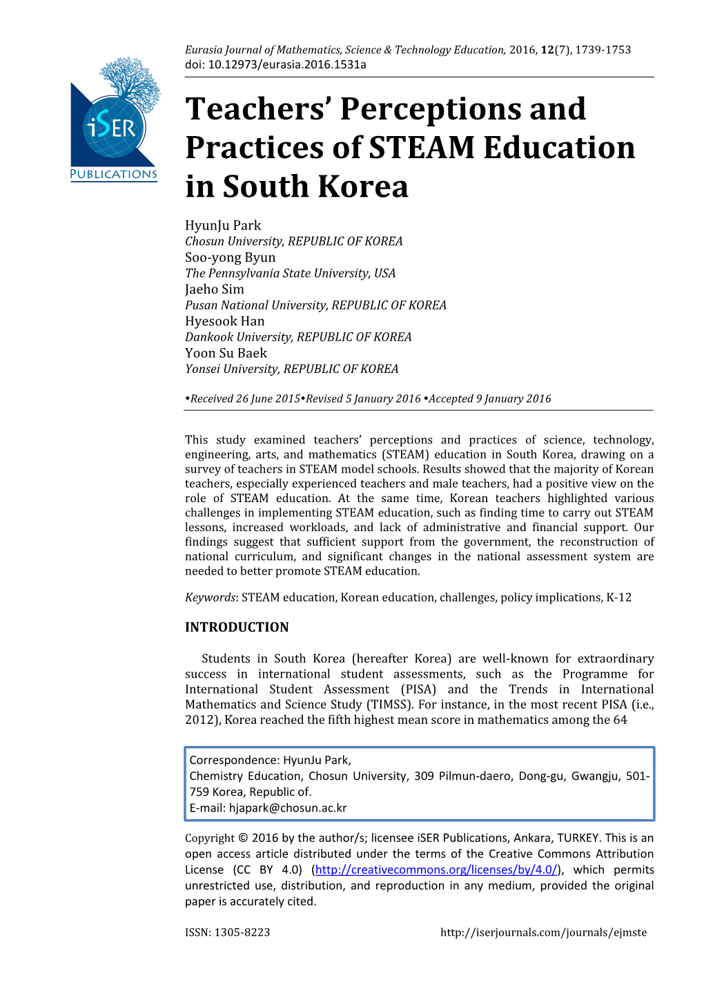 Teachers' Perceptions and Practices of STEAM Education in South Korea