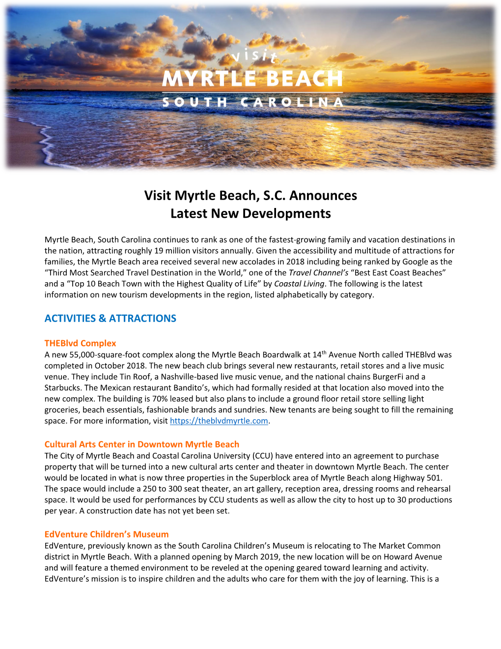 Visit Myrtle Beach, S.C. Announces Latest New Developments