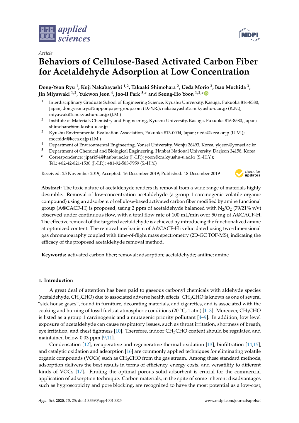 Behaviors of Cellulose-Based Activated Carbon Fiber for Acetaldehyde Adsorption at Low Concentration