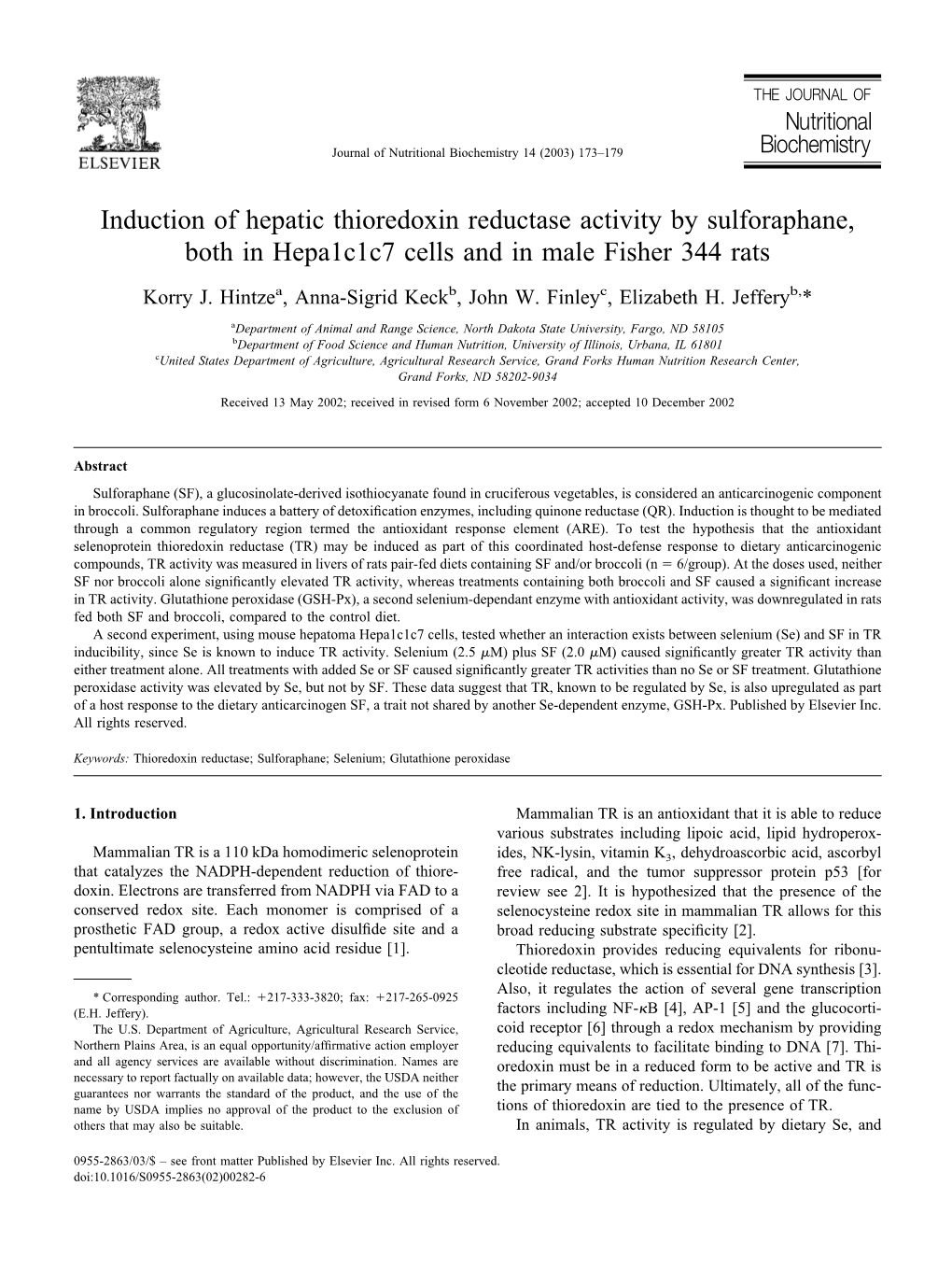 Induction of Hepatic Thioredoxin Reductase Activity by Sulforaphane, Both in Hepa1c1c7 Cells and in Male Fisher 344 Rats