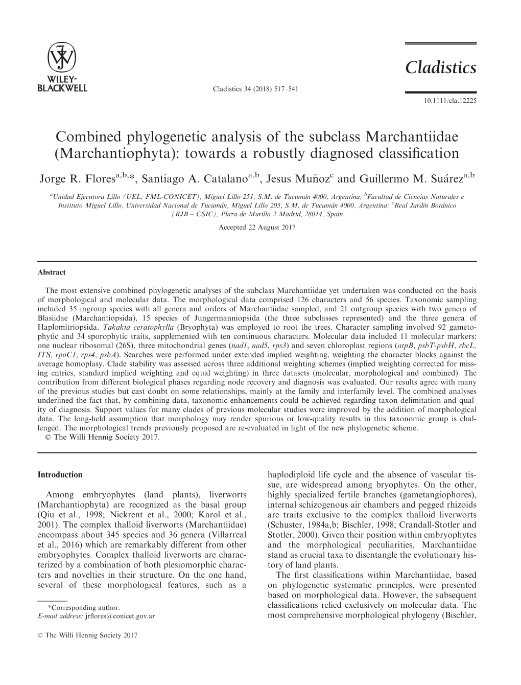 Combined Phylogenetic Analysis of the Subclass Marchantiidae (Marchantiophyta): Towards a Robustly Diagnosed Classiﬁcation