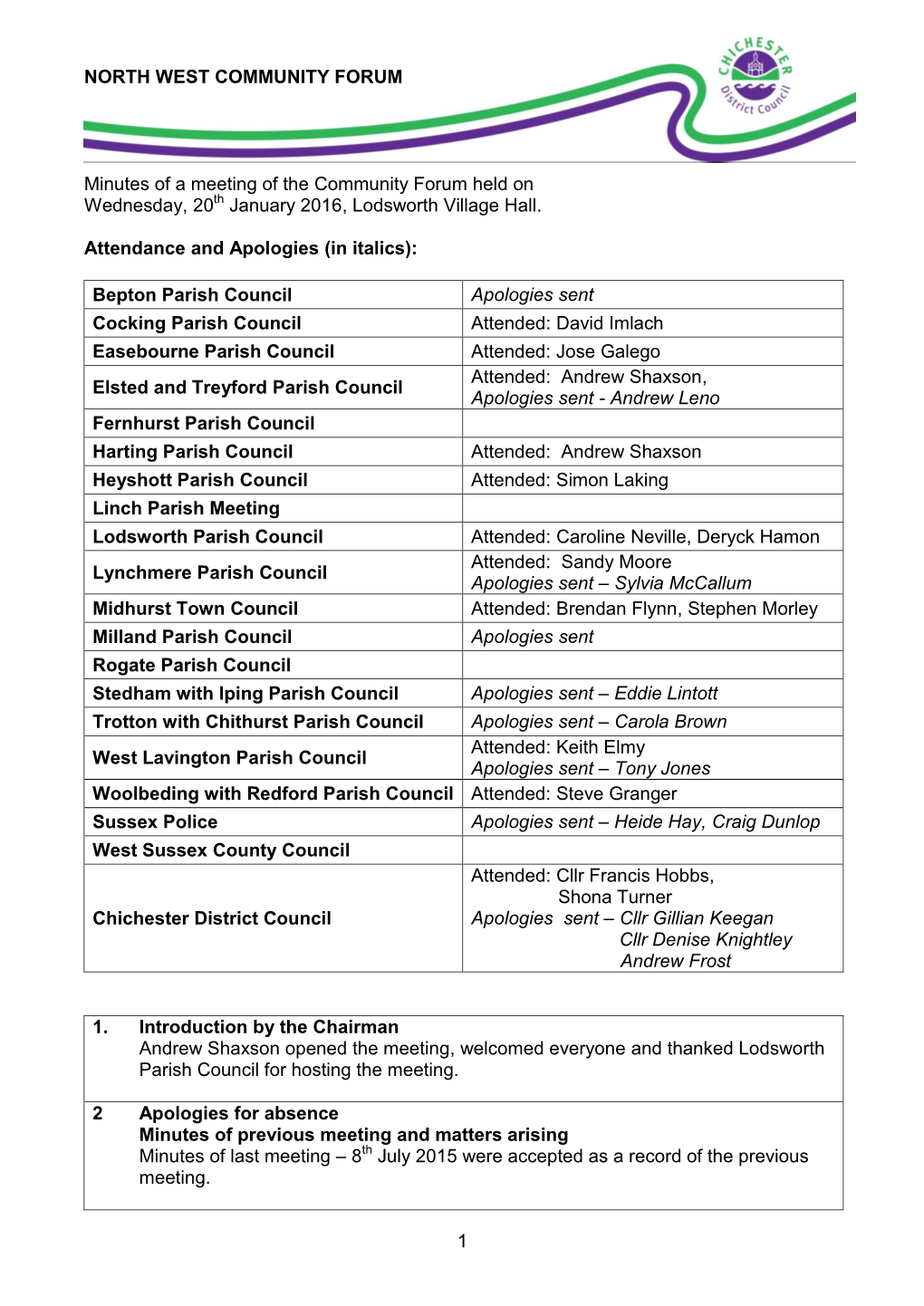 1 NORTH WEST COMMUNITY FORUM Minutes of a Meeting of The