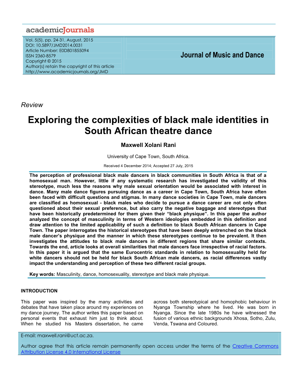 Exploring the Complexities of Black Male Identities in South African Theatre Dance