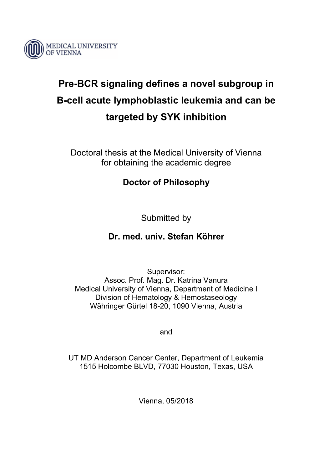 Pre-BCR Signaling Defines a Novel Subgroup in B-Cell Acute Lymphoblastic Leukemia and Can Be Targeted by SYK Inhibition