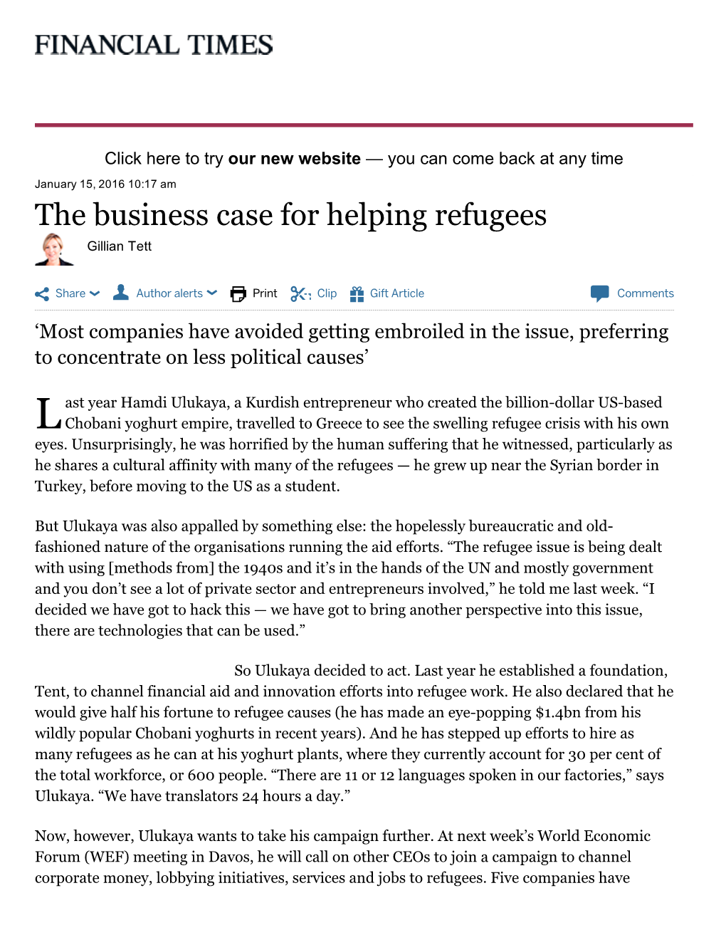 The Business Case for Helping Refugees Gillian Tett