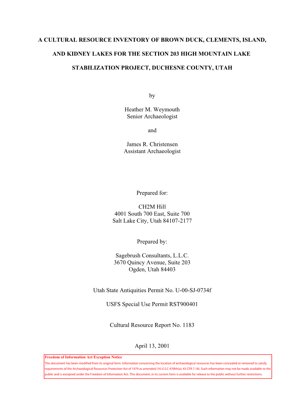 A Cultral Resource Inventory of Brown Duck, Clements, Island and Kidney