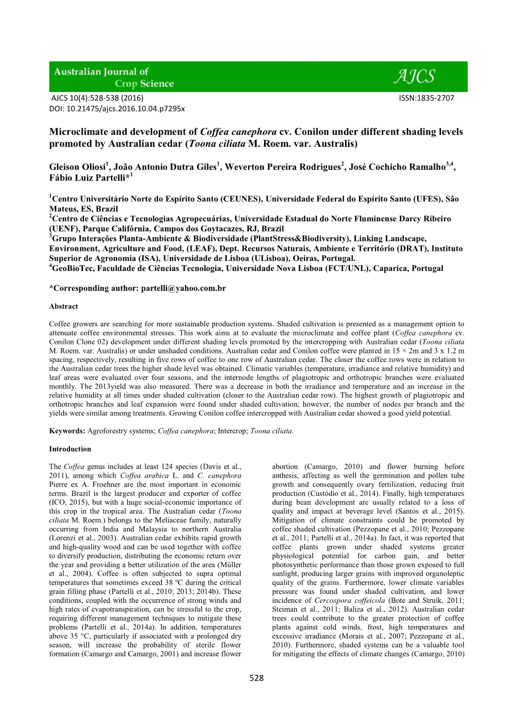 Microclimate and Development of Coffea Canephora Cv. Conilon Under Different Shading Levels Promoted by Australian Cedar (Toona Ciliata M