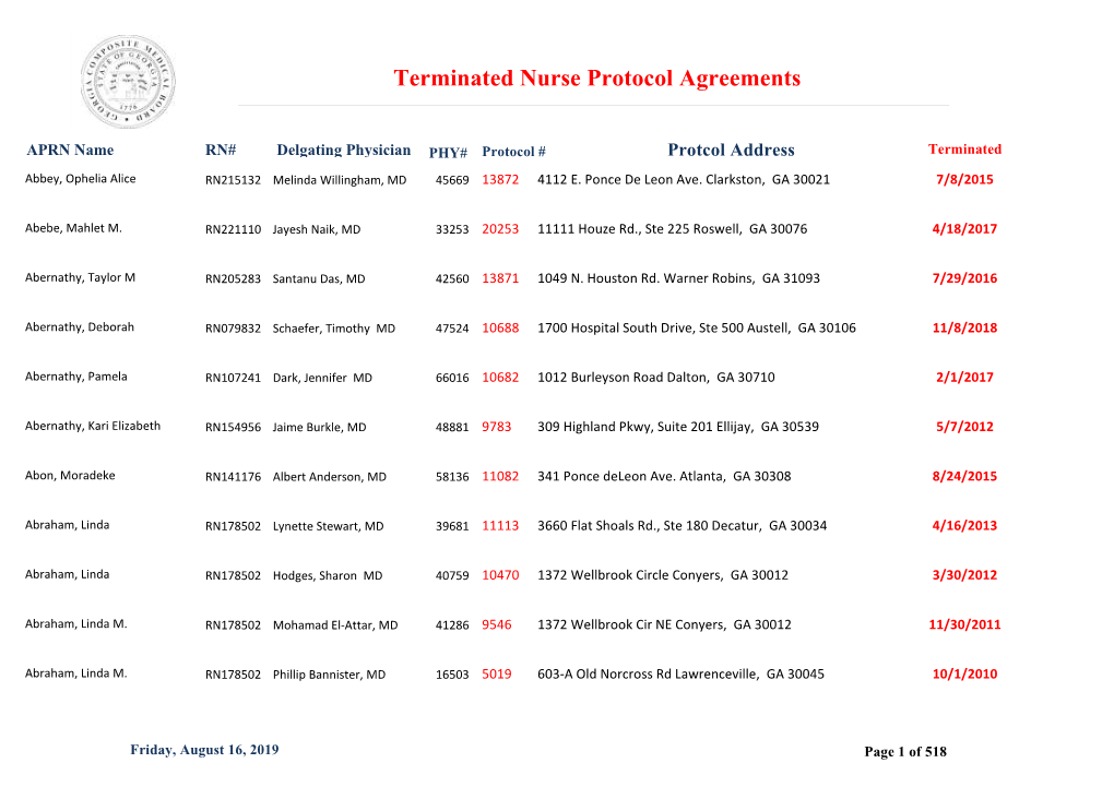 Terminated Nurse Protocol Agreements