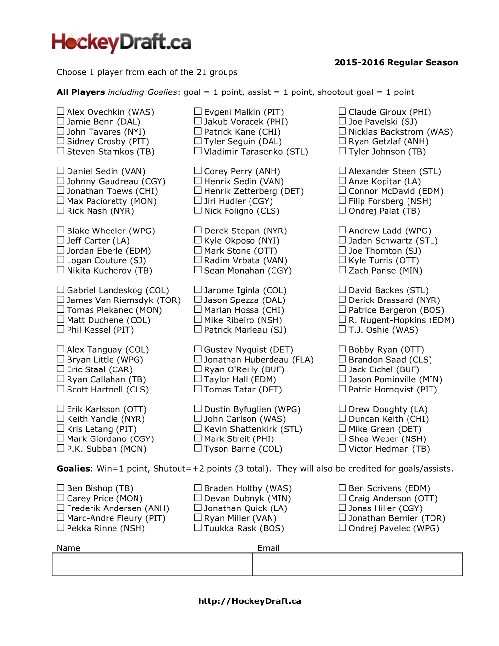 Hockeydraft.Ca Pool Sheet