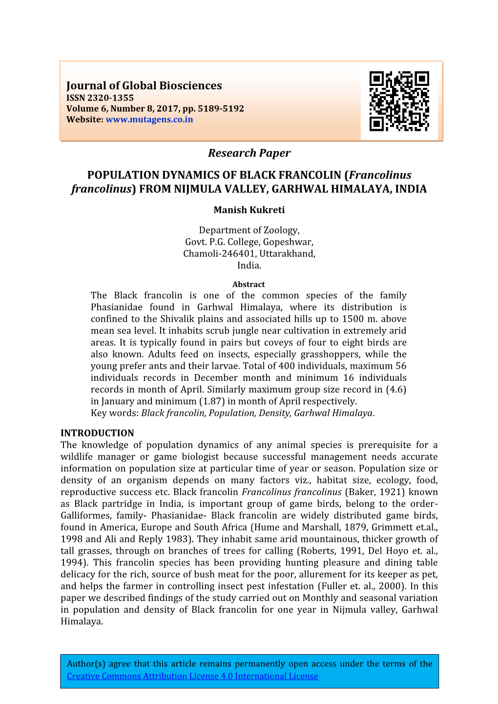 Research Paper POPULATION DYNAMICS of BLACK FRANCOLIN (Francolinus Francolinus) from NIJMULA VALLEY, GARHWAL HIMALAYA, INDIA