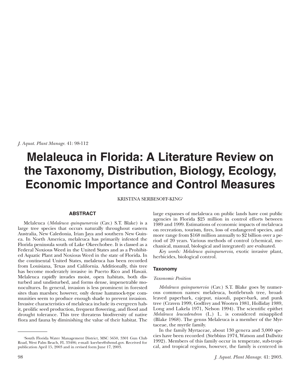 Melaleuca in Florida: a Literature Review on the Taxonomy, Distribution, Biology, Ecology, Economic Importance and Control Measures