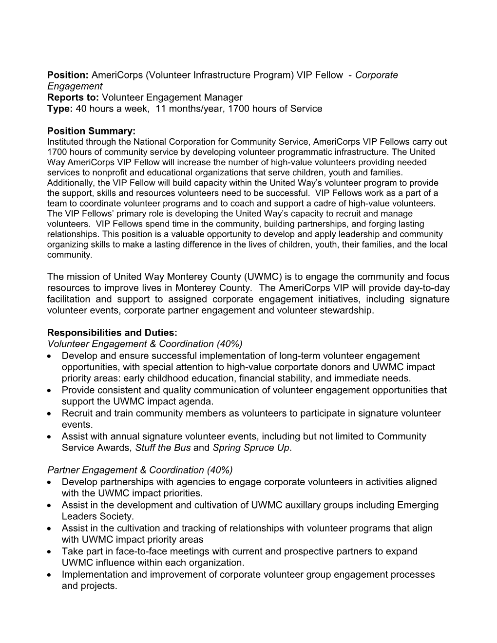 Position: Americorps (Volunteer Infrastructure Program) VIP Fellow - Corporate Engagement