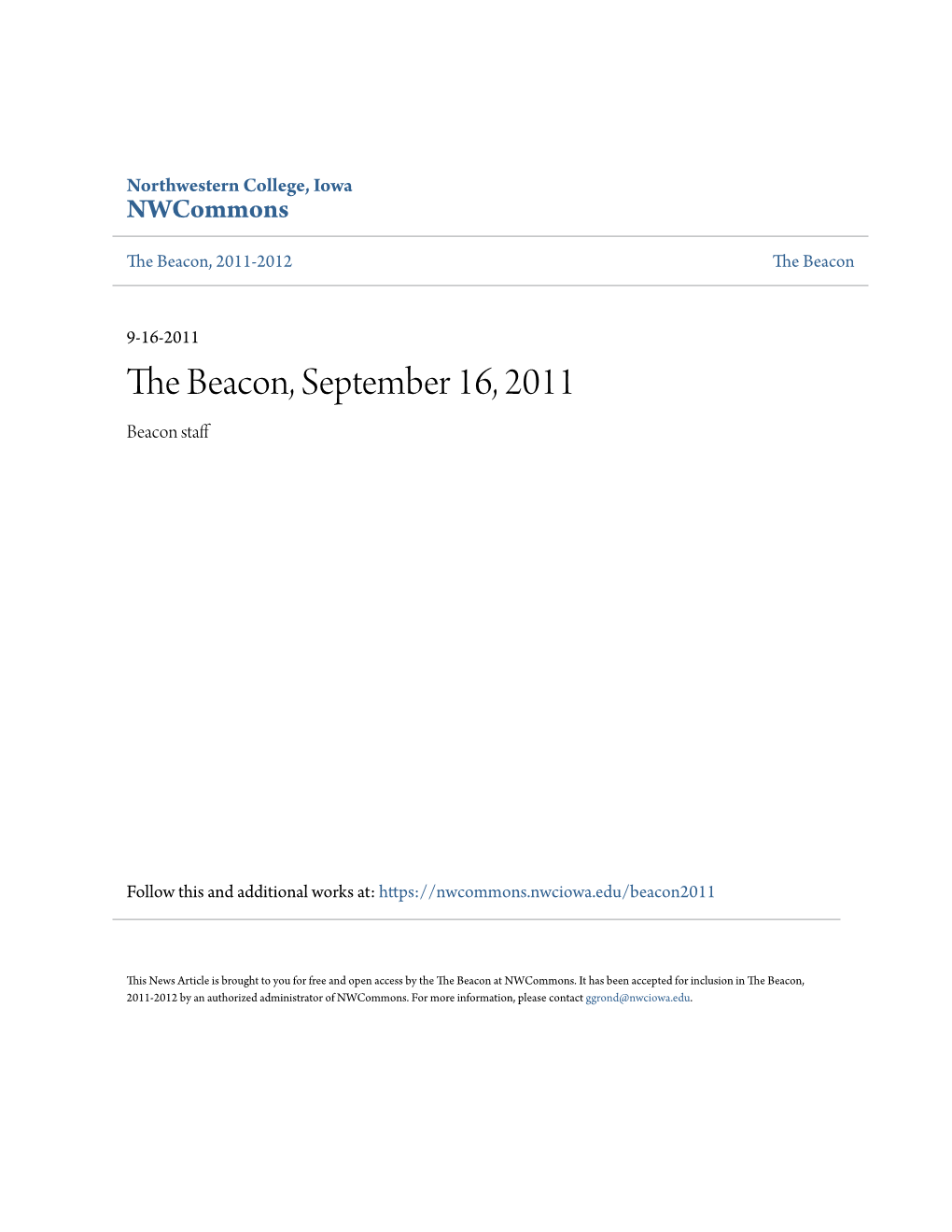 The Beacon, September 16, 2011 Beacon Staff