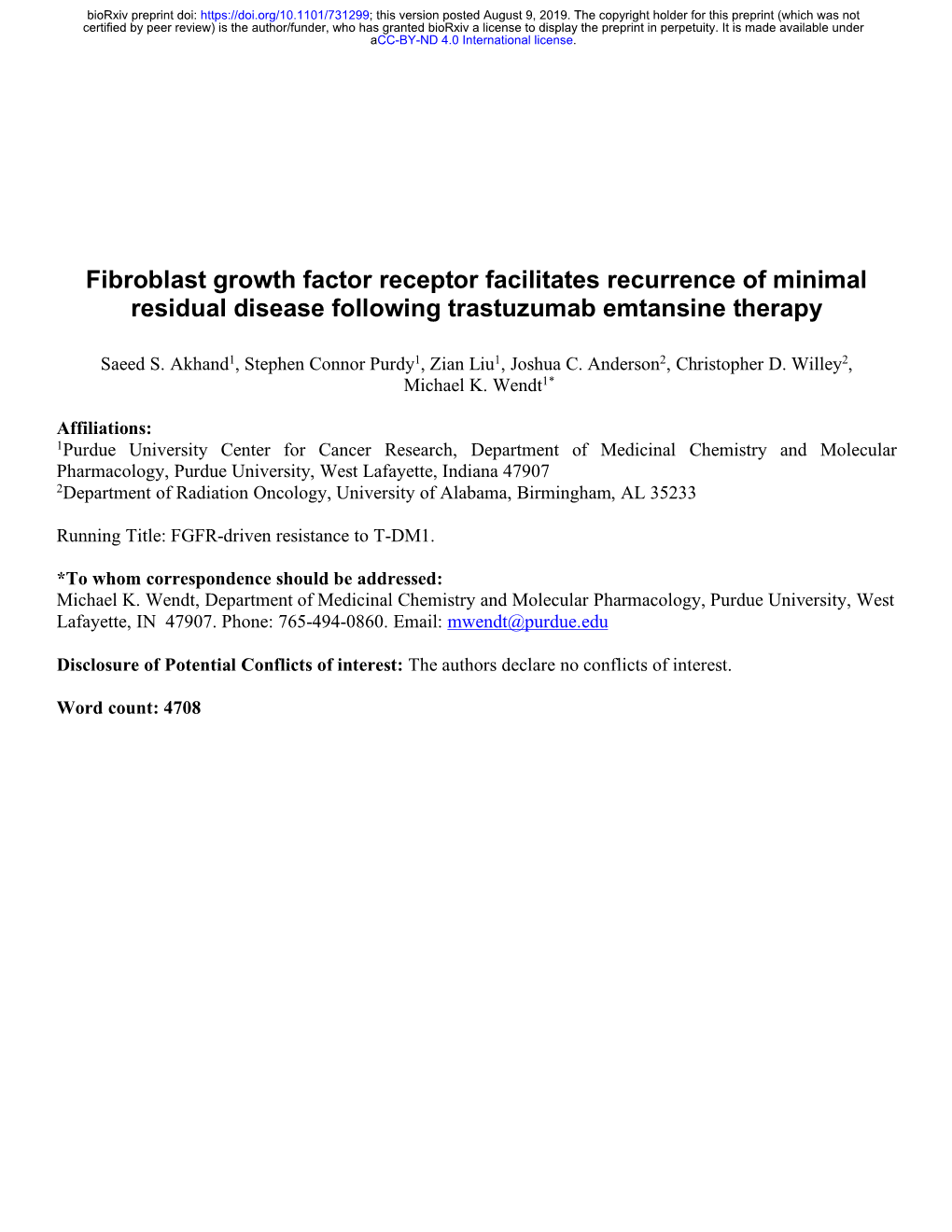 Fibroblast Growth Factor Receptor Facilitates Recurrence of Minimal Residual Disease Following Trastuzumab Emtansine Therapy