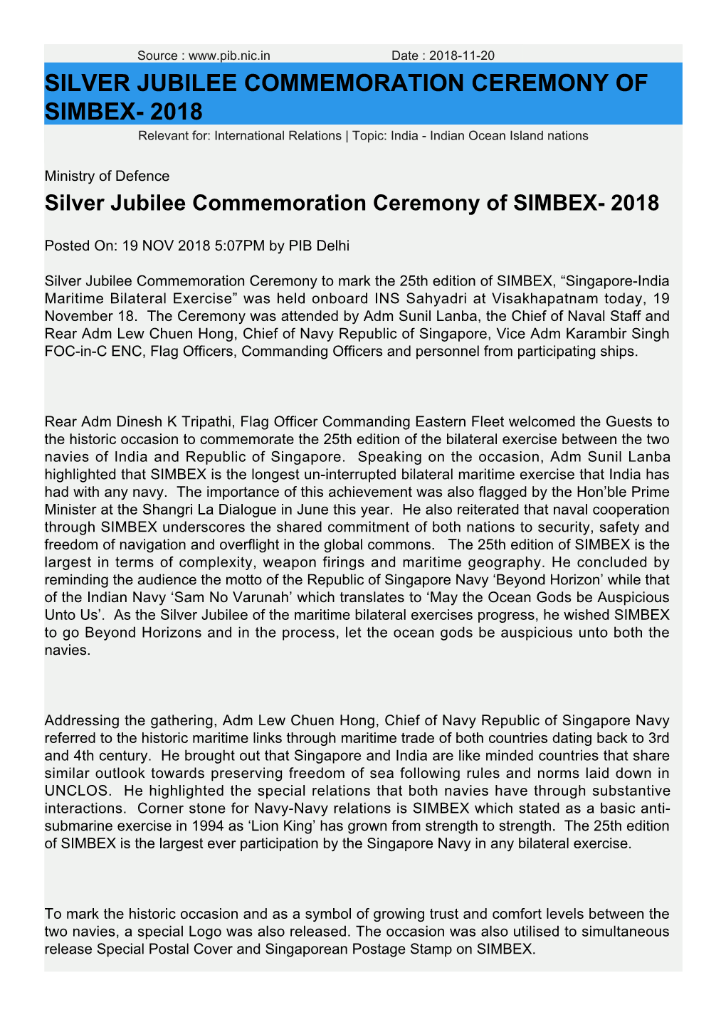 SILVER JUBILEE COMMEMORATION CEREMONY of SIMBEX- 2018 Relevant For: International Relations | Topic: India - Indian Ocean Island Nations