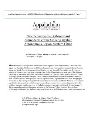 New Pennsylvanian (Moscovian) Echinoderms from Xinjiang Uyghur Autonomous Region, Western China