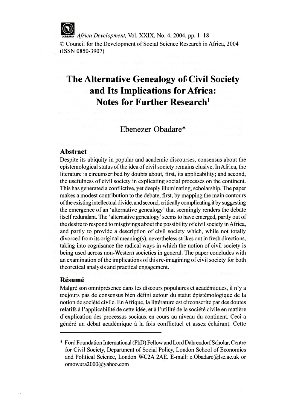 The Alternative Genealogy of Civil Society and Its Implications for Africa: Notes for Further Research1