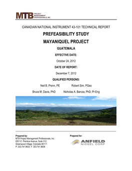 Prefeasibility Study Mayaniquel Project Guatemala
