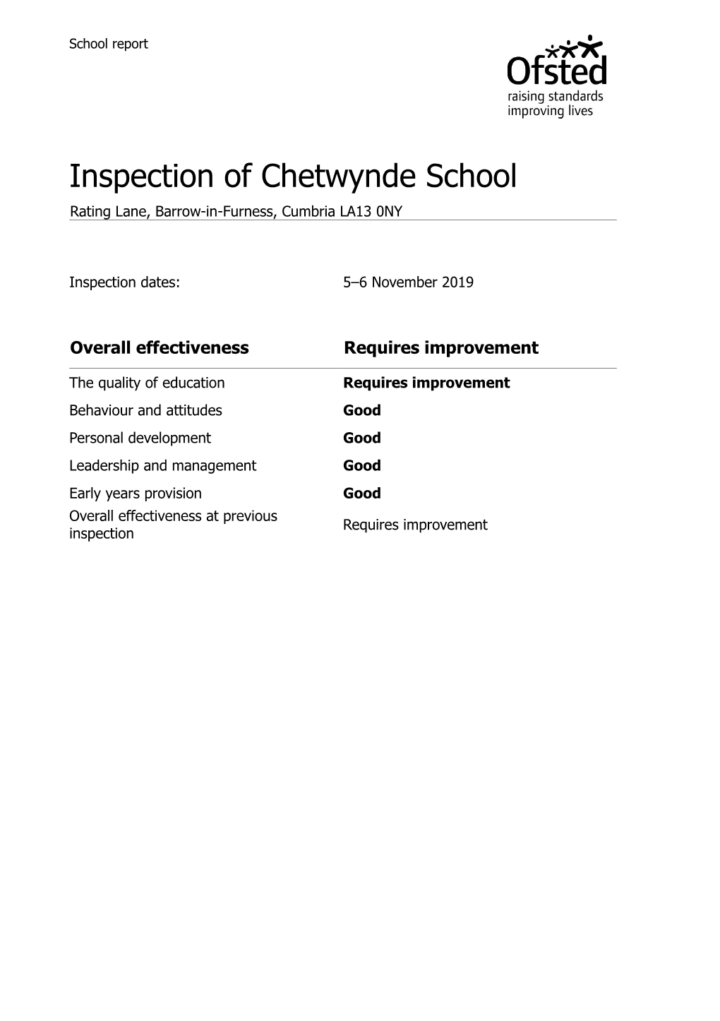 Inspection of Chetwynde School Rating Lane, Barrow-In-Furness, Cumbria LA13 0NY