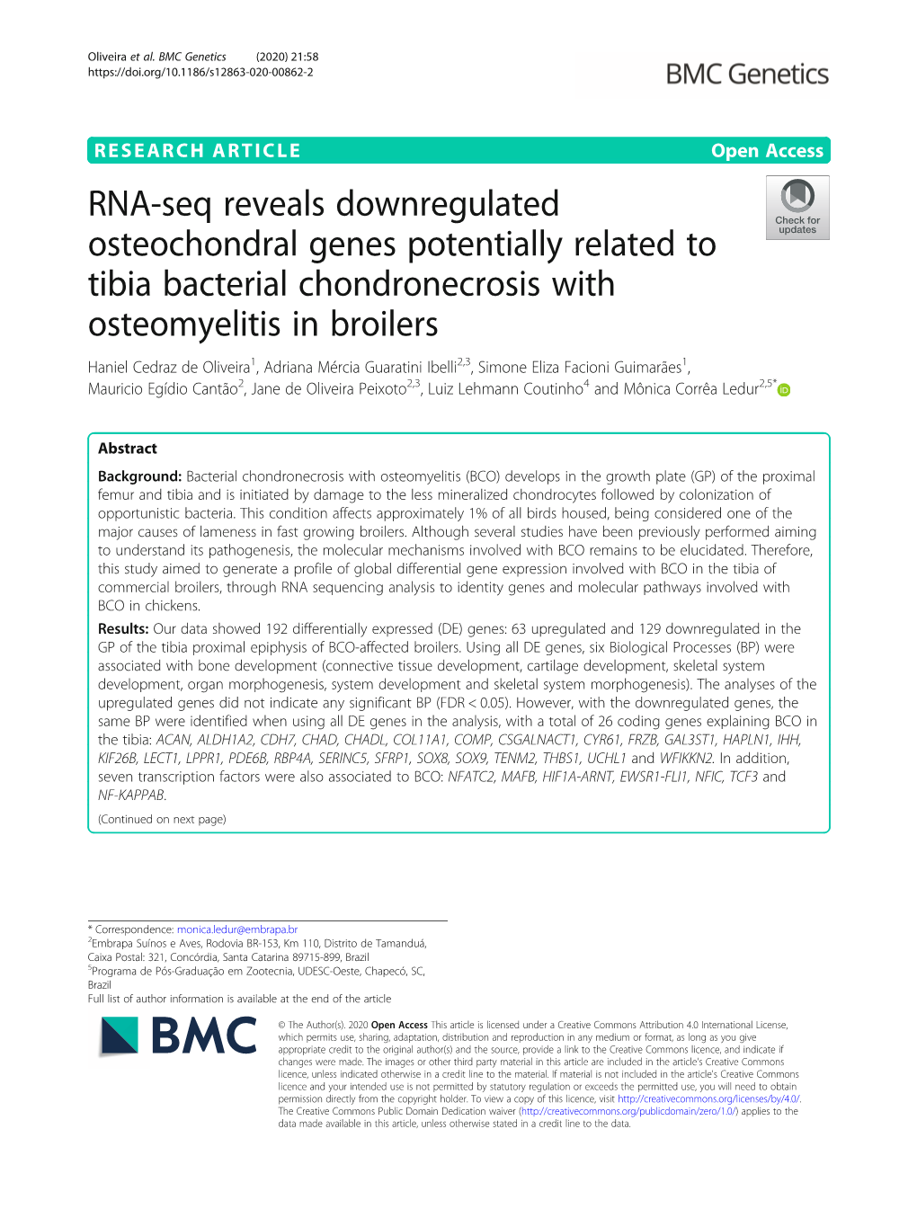 RNA-Seq Reveals Downregulated Osteochondral Genes Potentially Related to Tibia Bacterial Chondronecrosis with Osteomyelitis in B