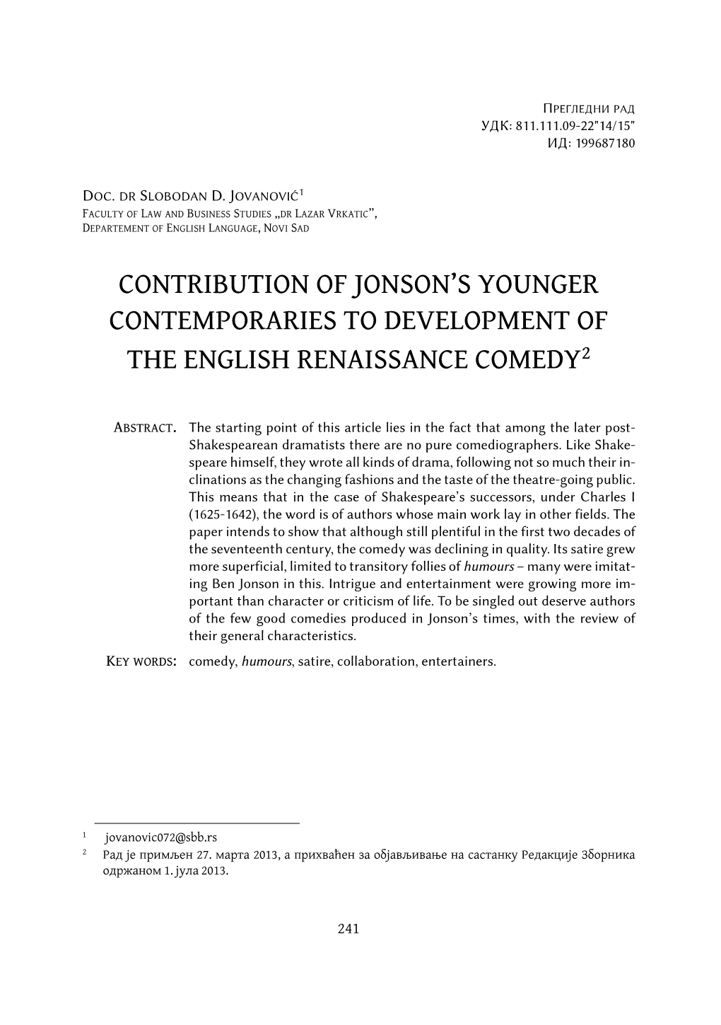 Contribution of Jonson's Younger Contemporaries