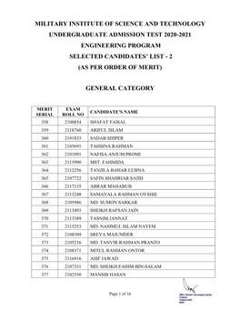 Military Institute of Science and Technology Undergraduate Admission Test 2020-2021 Engineering Program Selected Candidates’ List - 2 (As Per Order of Merit)